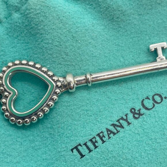 Tiffany & Co. AG 925 Sterling Silver Large Heart Key Beaded Pendant Blue Enamel - Picture 2 of 8